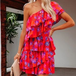 NWT VICI VALLIS ONE SHOULDER FLORAL COTTON BLEND TIERED MINI DRESS
